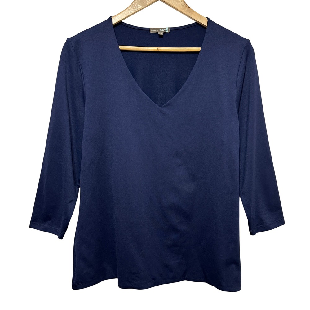 Judy P V-Neck Top Womens XL Navy Blue Microfiber Stretch Office Travel USA